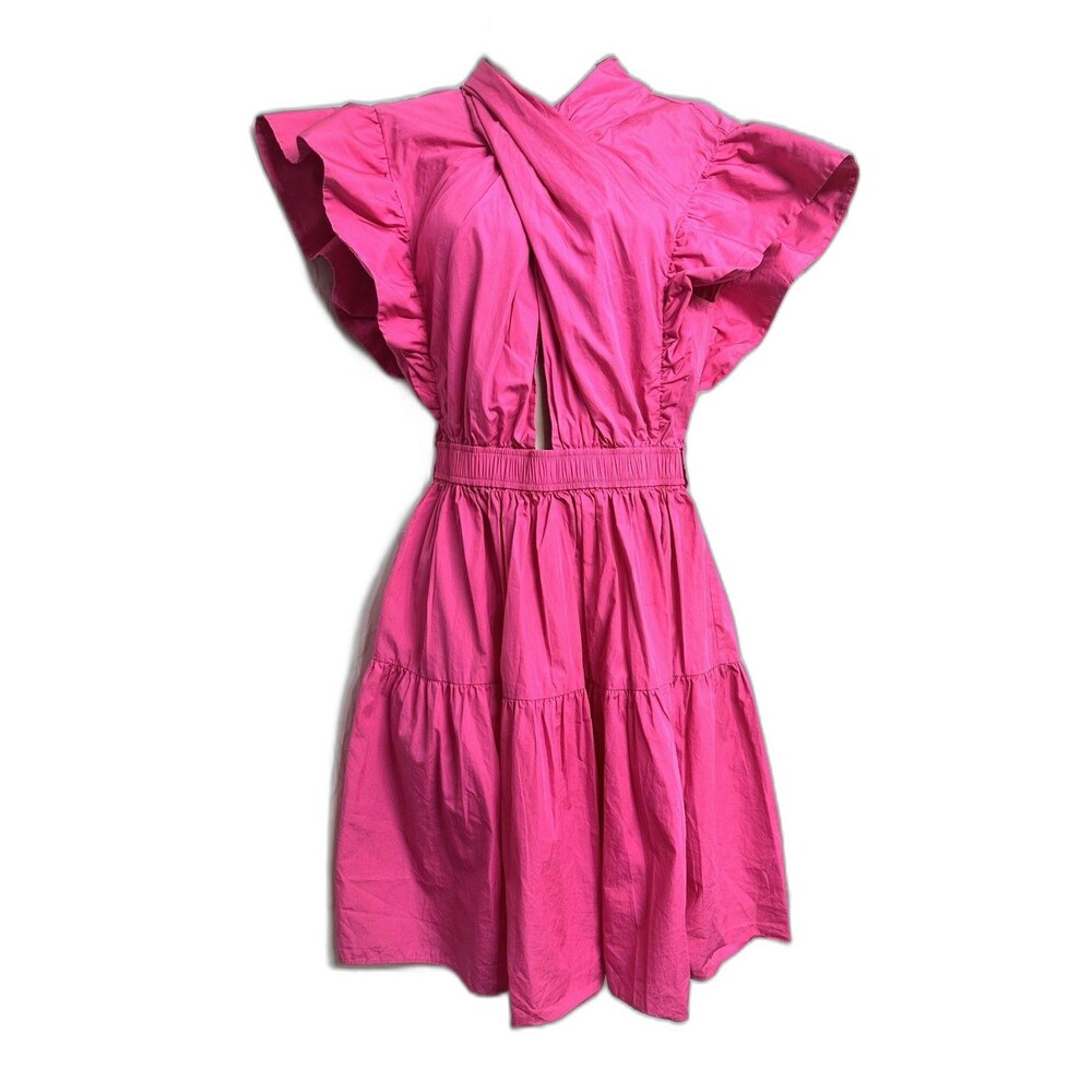 Derek Lam 10 Crossby Magenta Firm Ruffle Wrap Shift Tiered Cocktail Dress 8